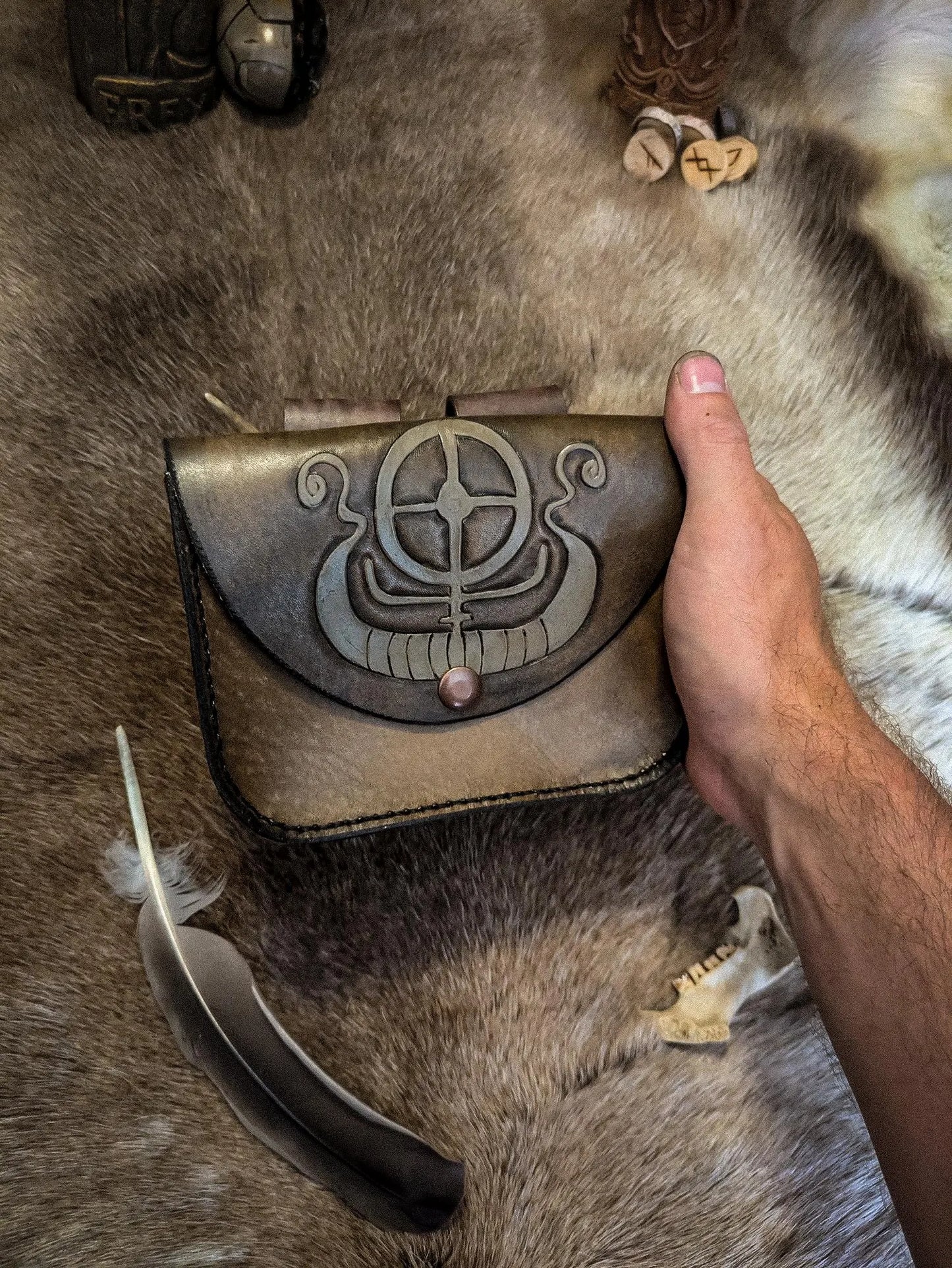 Solar Wheel and Longship - Leather Belt Bag