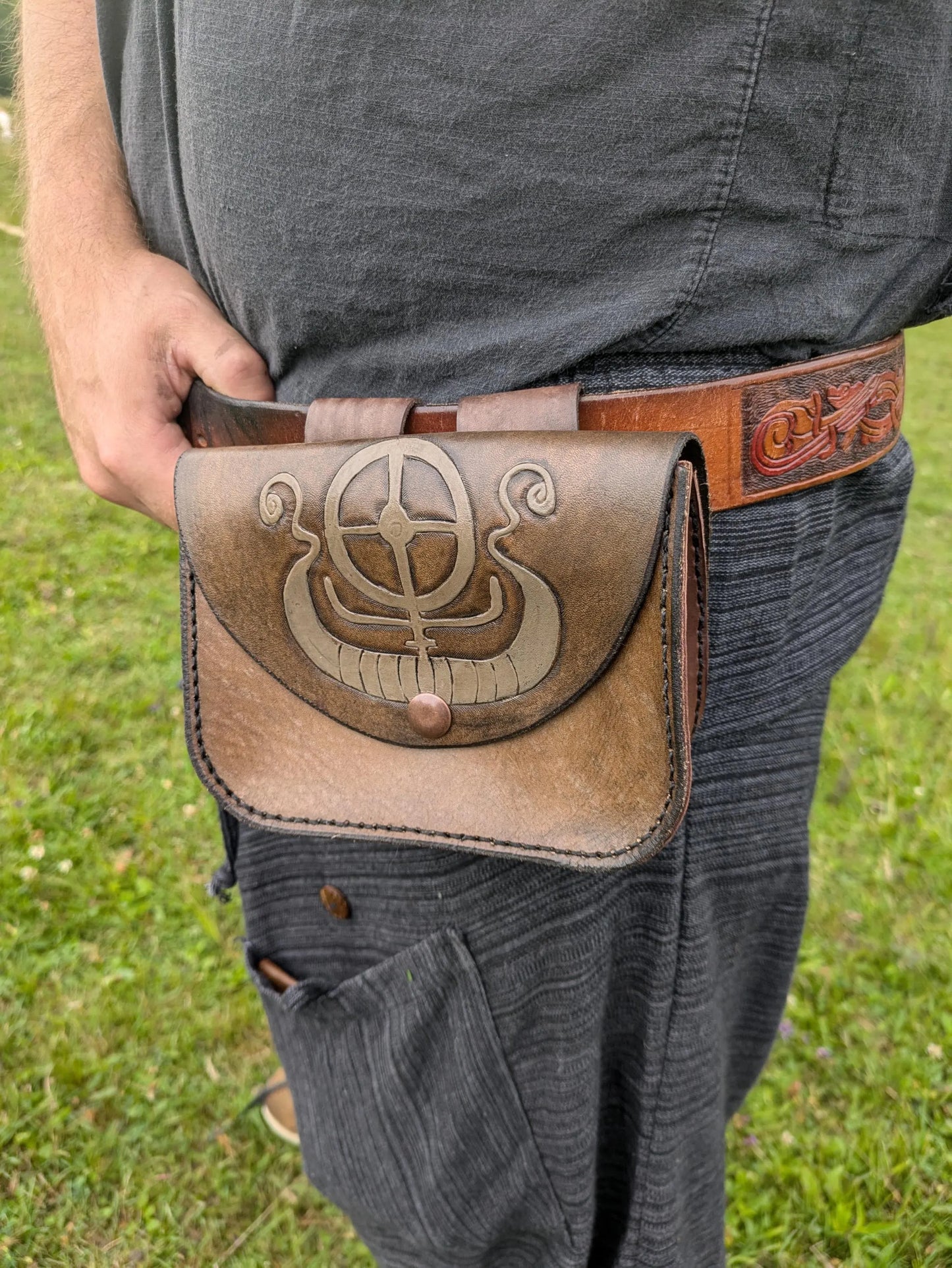Solar Wheel and Longship - Leather Belt Bag