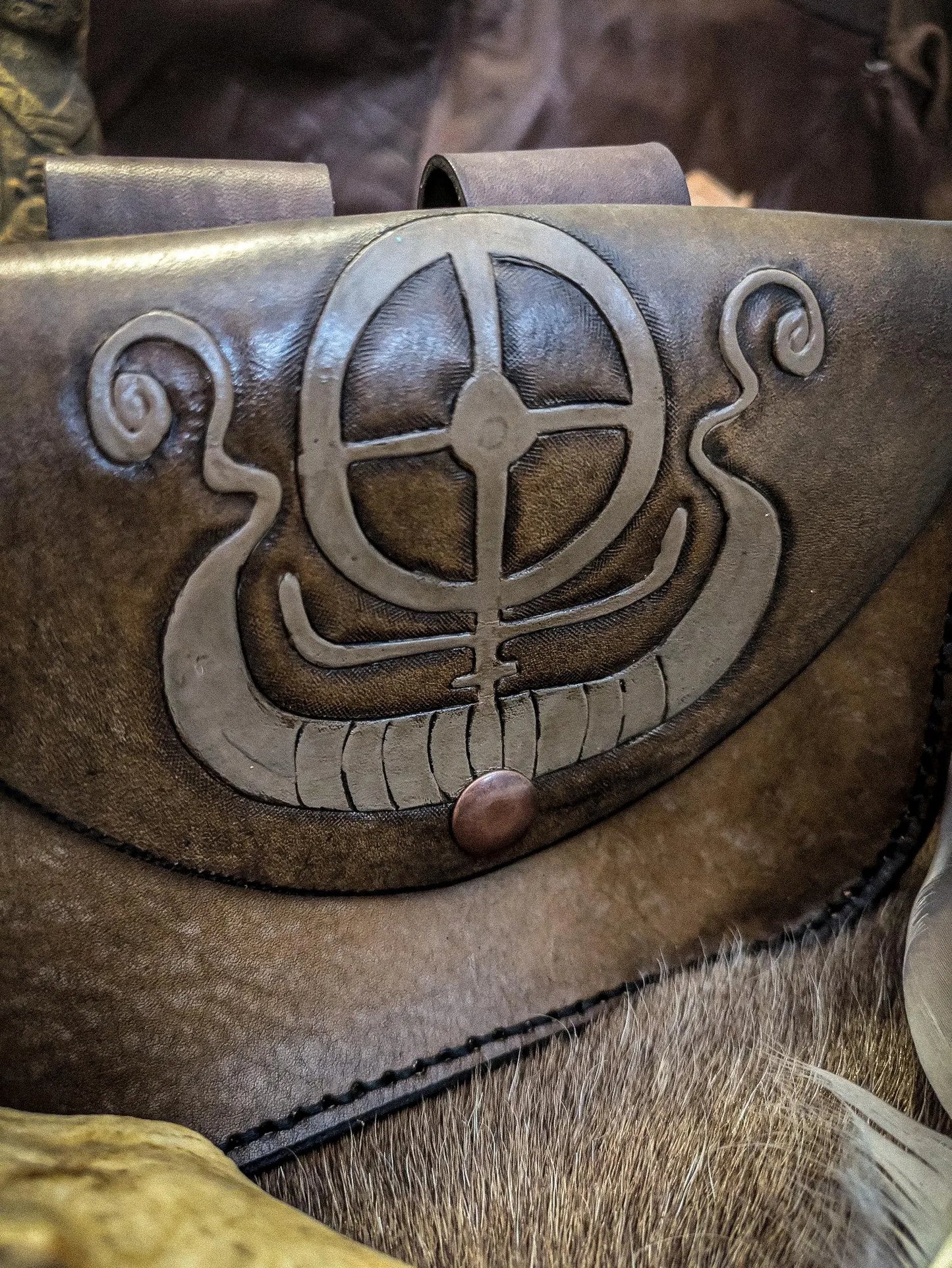Solar Wheel and Longship - Leather Belt Bag