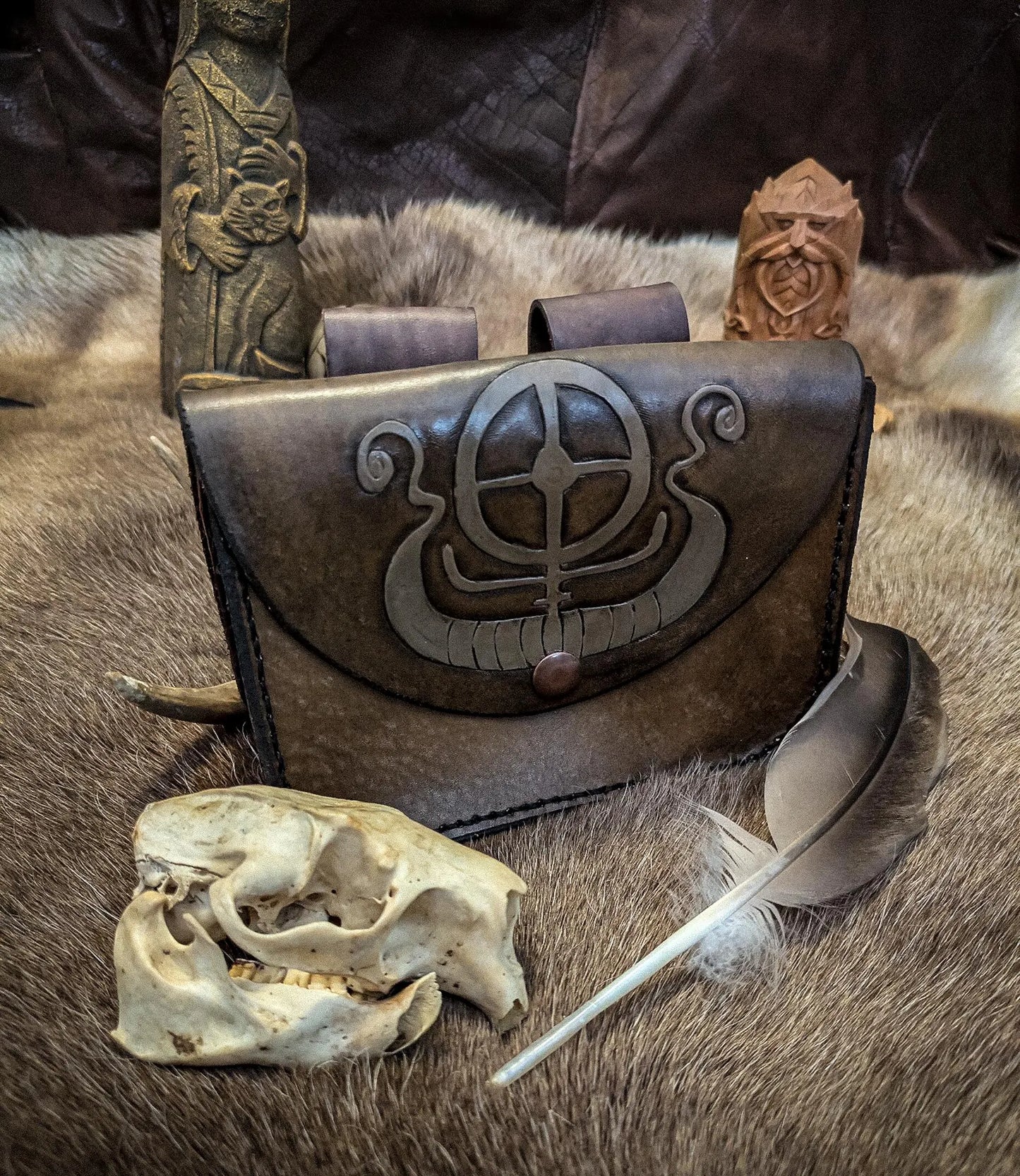 Solar Wheel and Longship - Leather Belt Bag