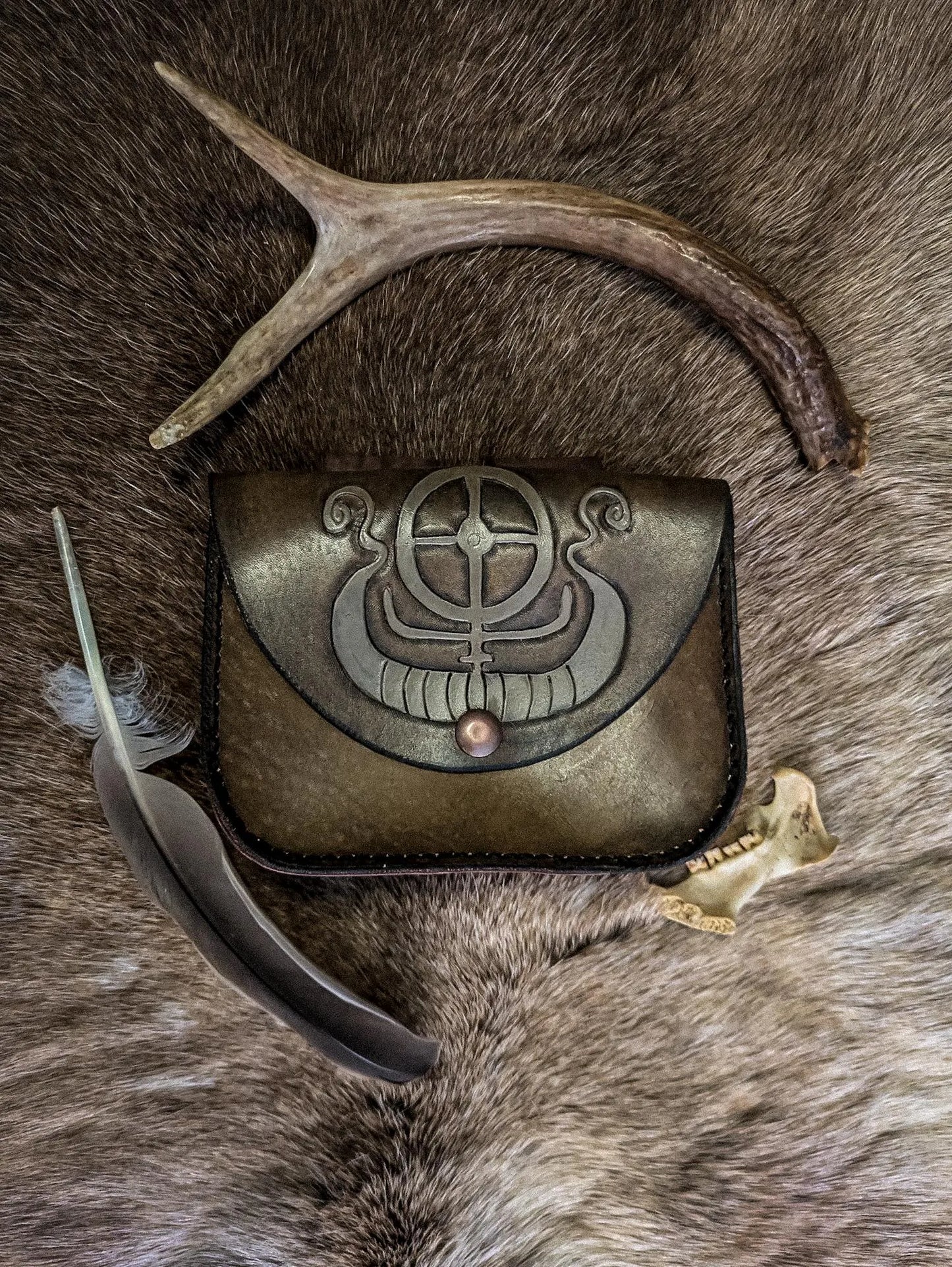 Solar Wheel and Longship - Leather Belt Bag