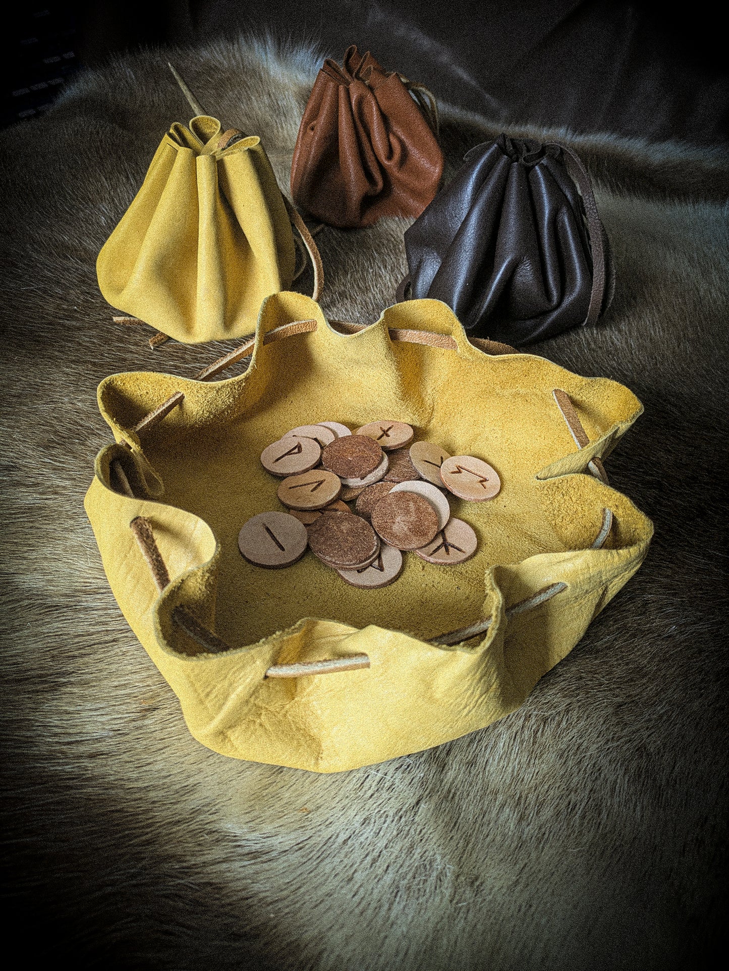 Leather Altar Covering and Rune Set - Casting Ritual Cloth with Elder Futhark Runes