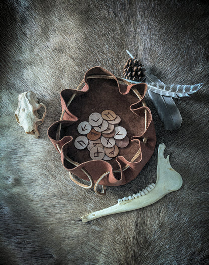 Leather Altar Covering and Rune Set - Casting Ritual Cloth with Elder Futhark Runes