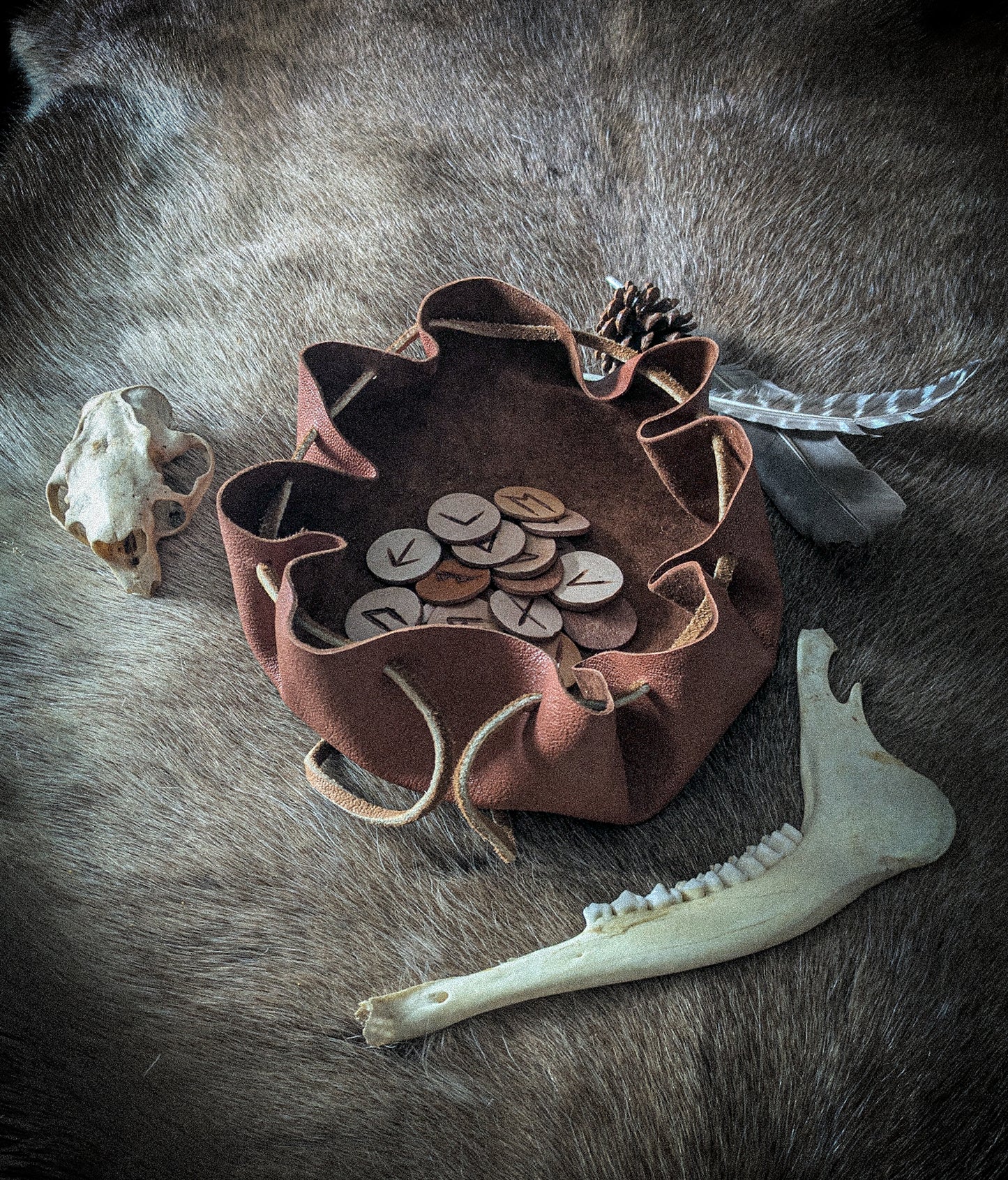 Leather Altar Covering and Rune Set - Casting Ritual Cloth with Elder Futhark Runes