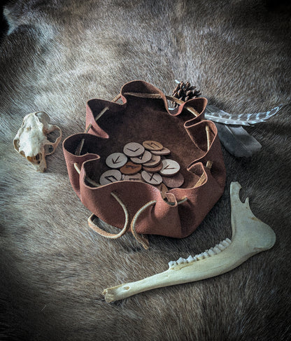Leather Altar Covering and Rune Set - Casting Ritual Cloth with Elder Futhark Runes