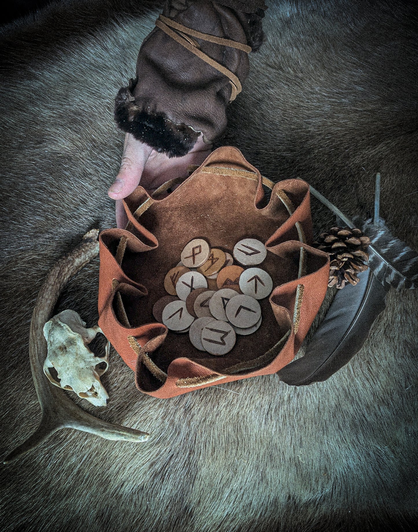 Leather Altar Covering and Rune Set - Casting Ritual Cloth with Elder Futhark Runes