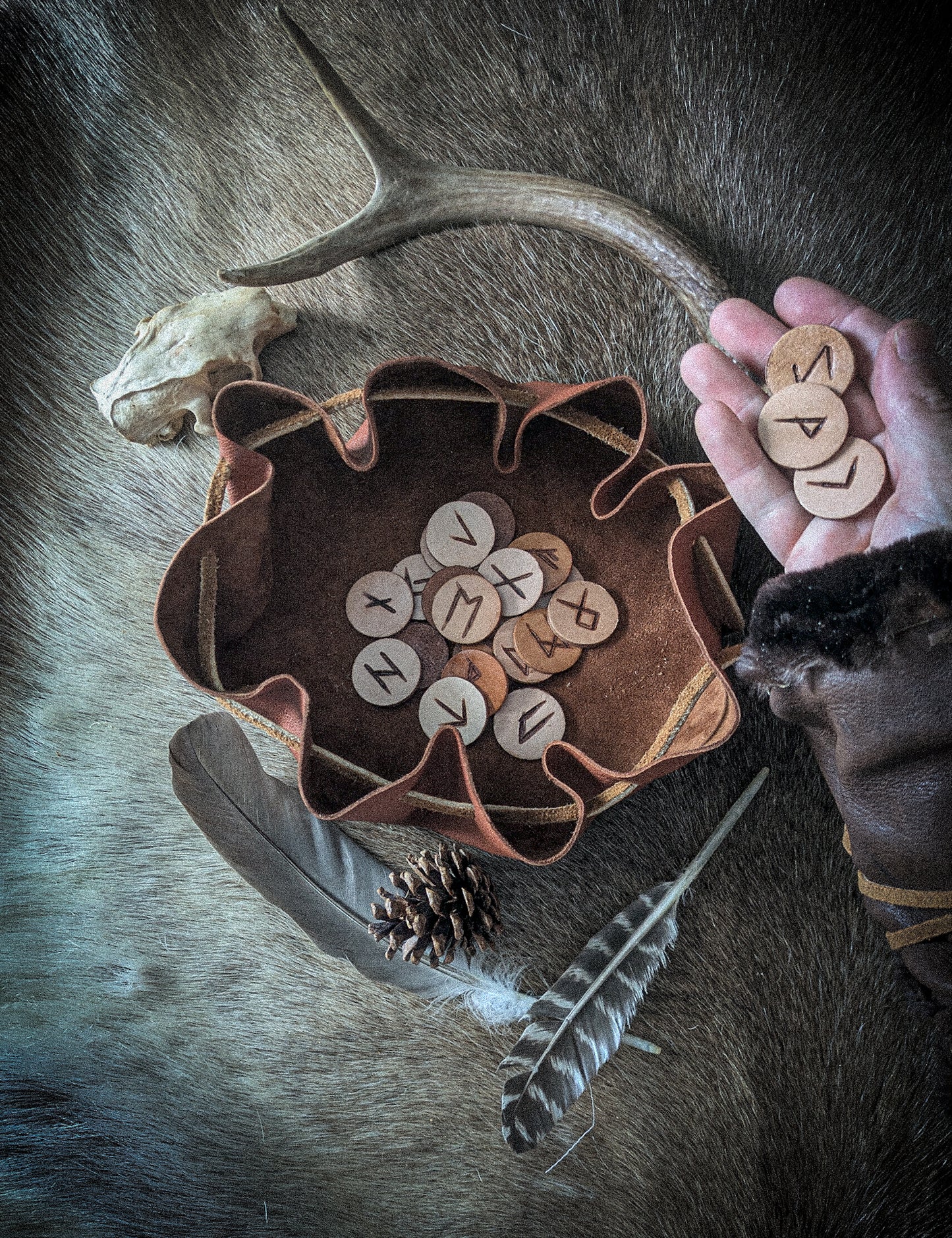 Leather Altar Covering and Rune Set - Casting Ritual Cloth with Elder Futhark Runes