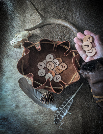Leather Altar Covering and Rune Set - Casting Ritual Cloth with Elder Futhark Runes