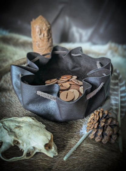 Leather Altar Covering and Rune Set - Casting Ritual Cloth with Elder Futhark Runes