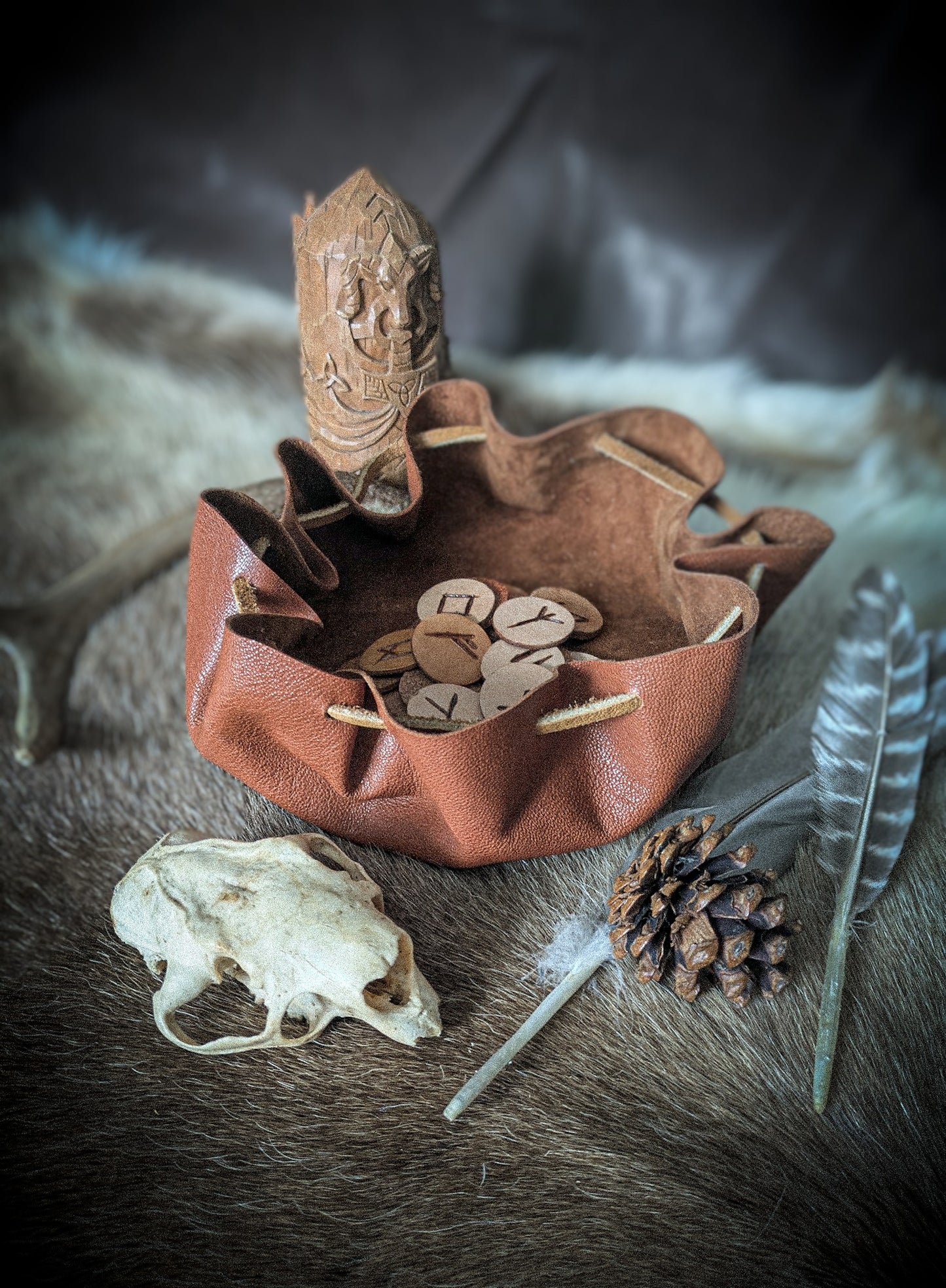 Leather Altar Covering and Rune Set - Casting Ritual Cloth with Elder Futhark Runes