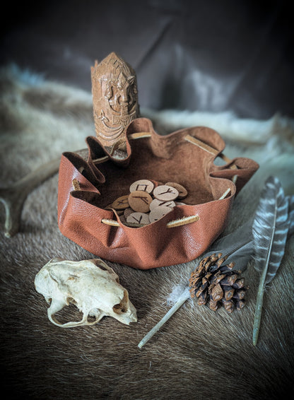 Leather Altar Covering and Rune Set - Casting Ritual Cloth with Elder Futhark Runes