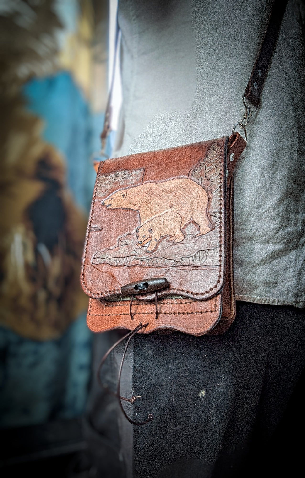 Leather Shoulder Bookbag with Strap - Polar Bear Bag I