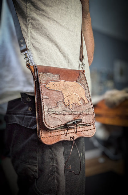 Leather Shoulder Bookbag with Strap - Polar Bear Bag I