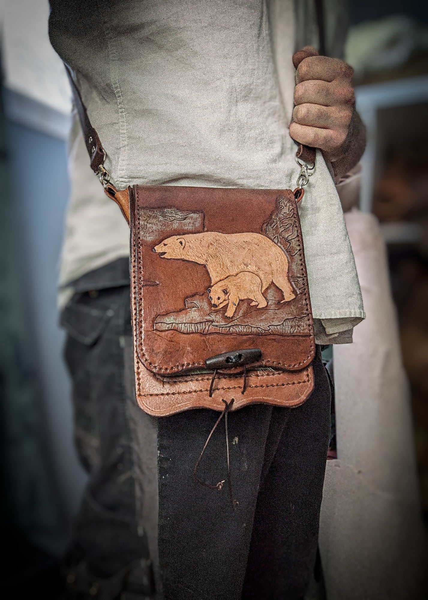 Leather Shoulder Bookbag with Strap - Polar Bear Bag I