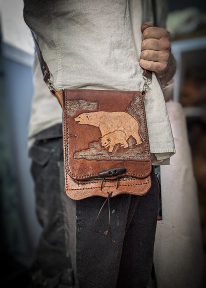 Leather Shoulder Bookbag with Strap - Polar Bear Bag I
