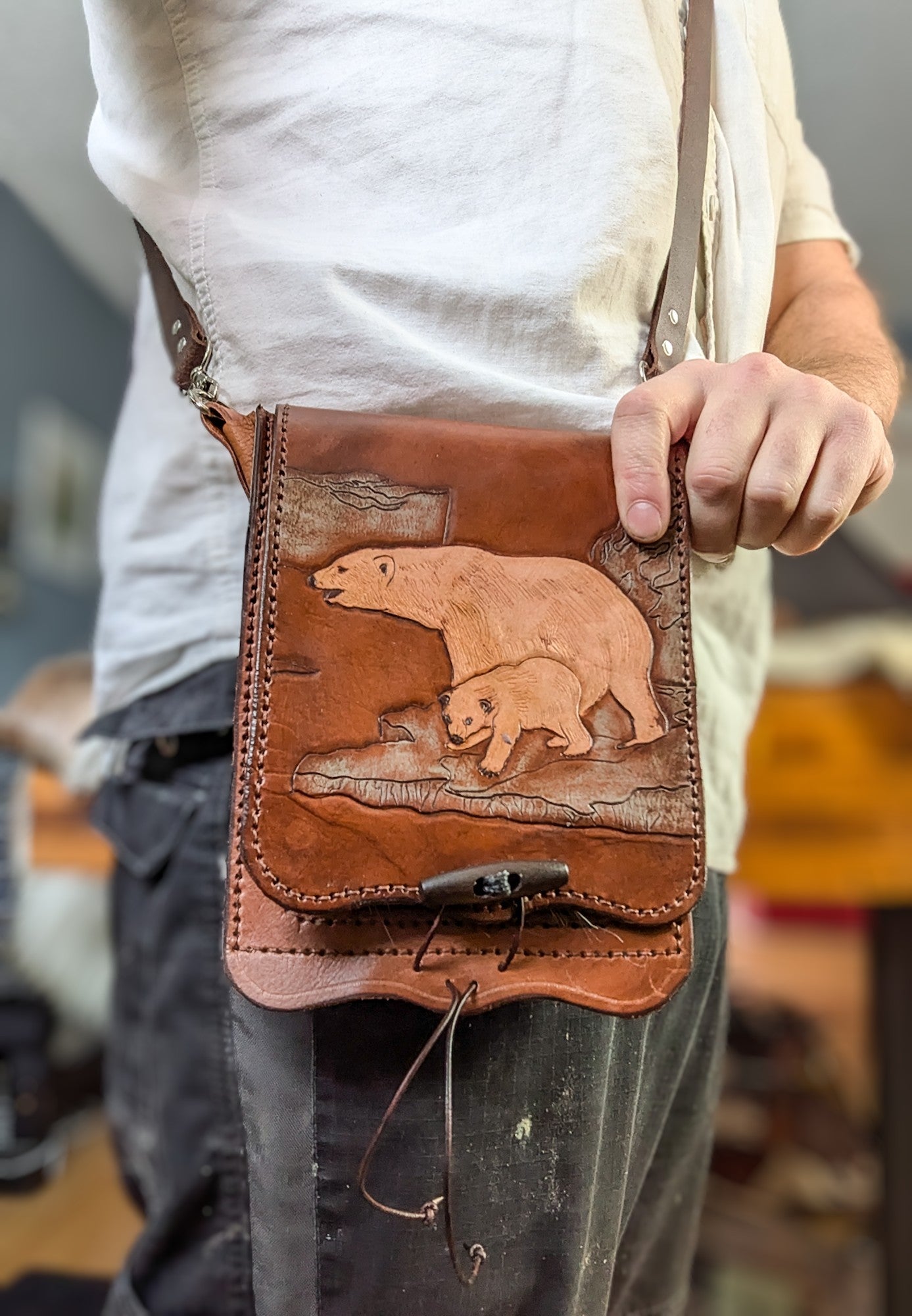 Leather Shoulder Bookbag with Strap - Polar Bear Bag I