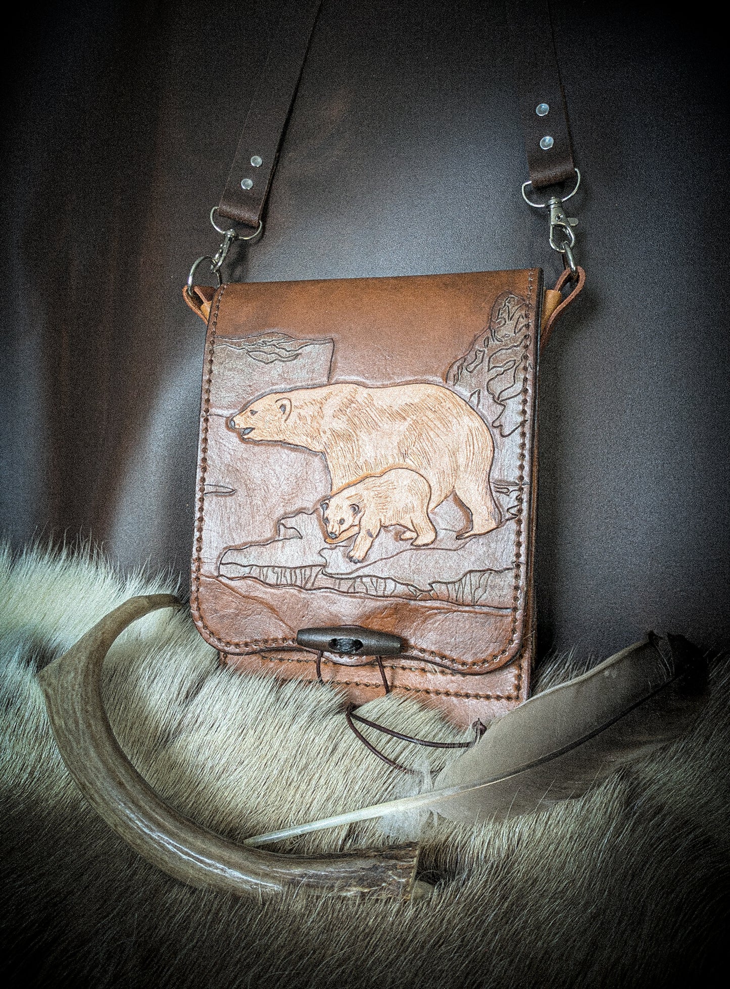 Leather Shoulder Bookbag with Strap - Polar Bear Bag I