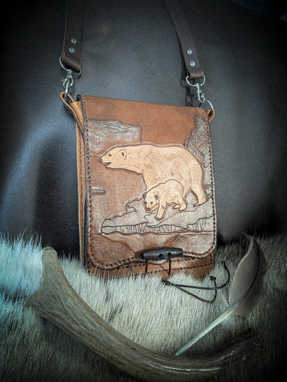 Leather Shoulder Bookbag with Strap - Polar Bear Bag I