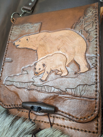 Leather Shoulder Bookbag with Strap - Polar Bear Bag I