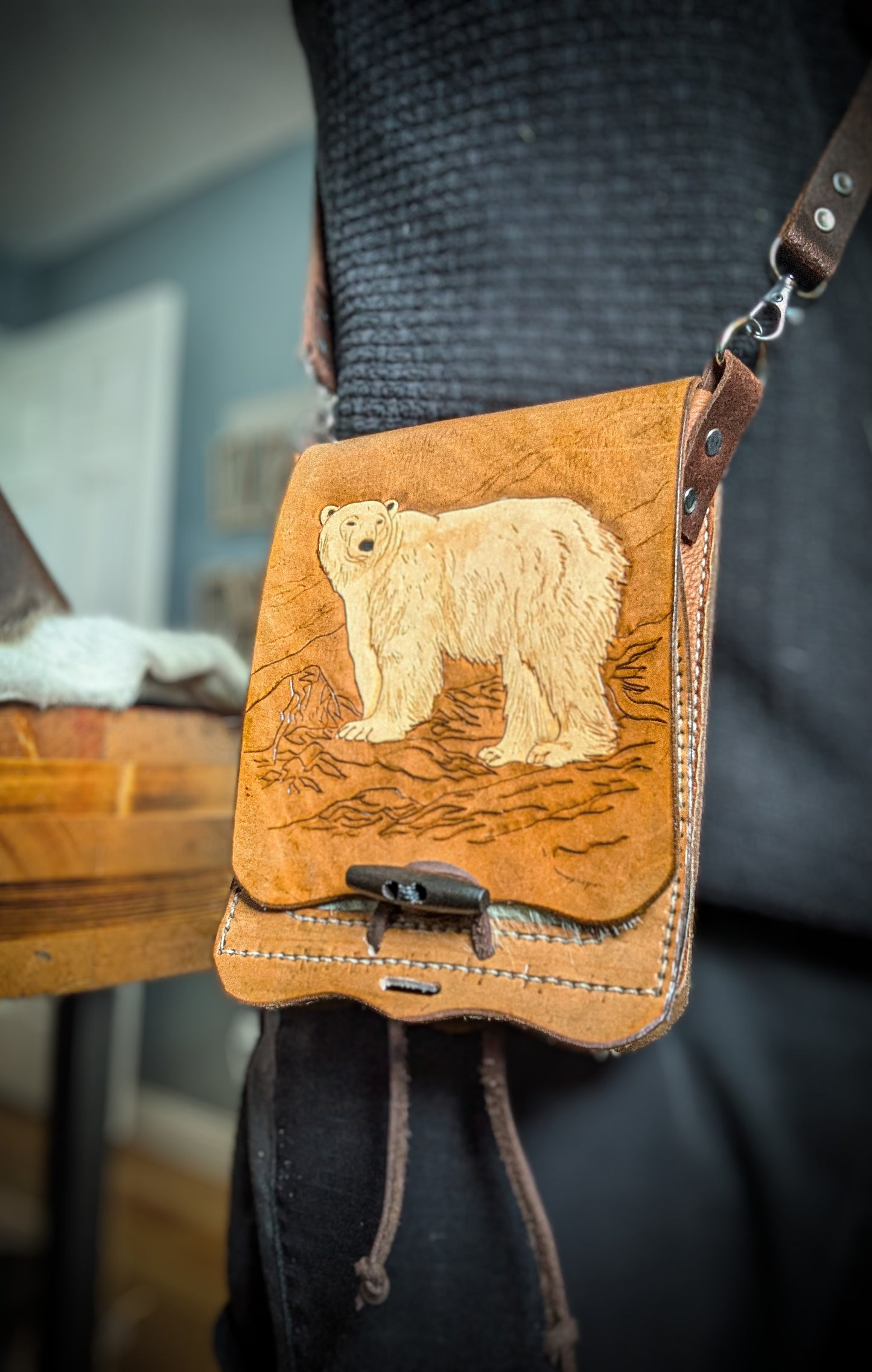 Leather Shoulder Bookbag with Strap - Polar Bag II