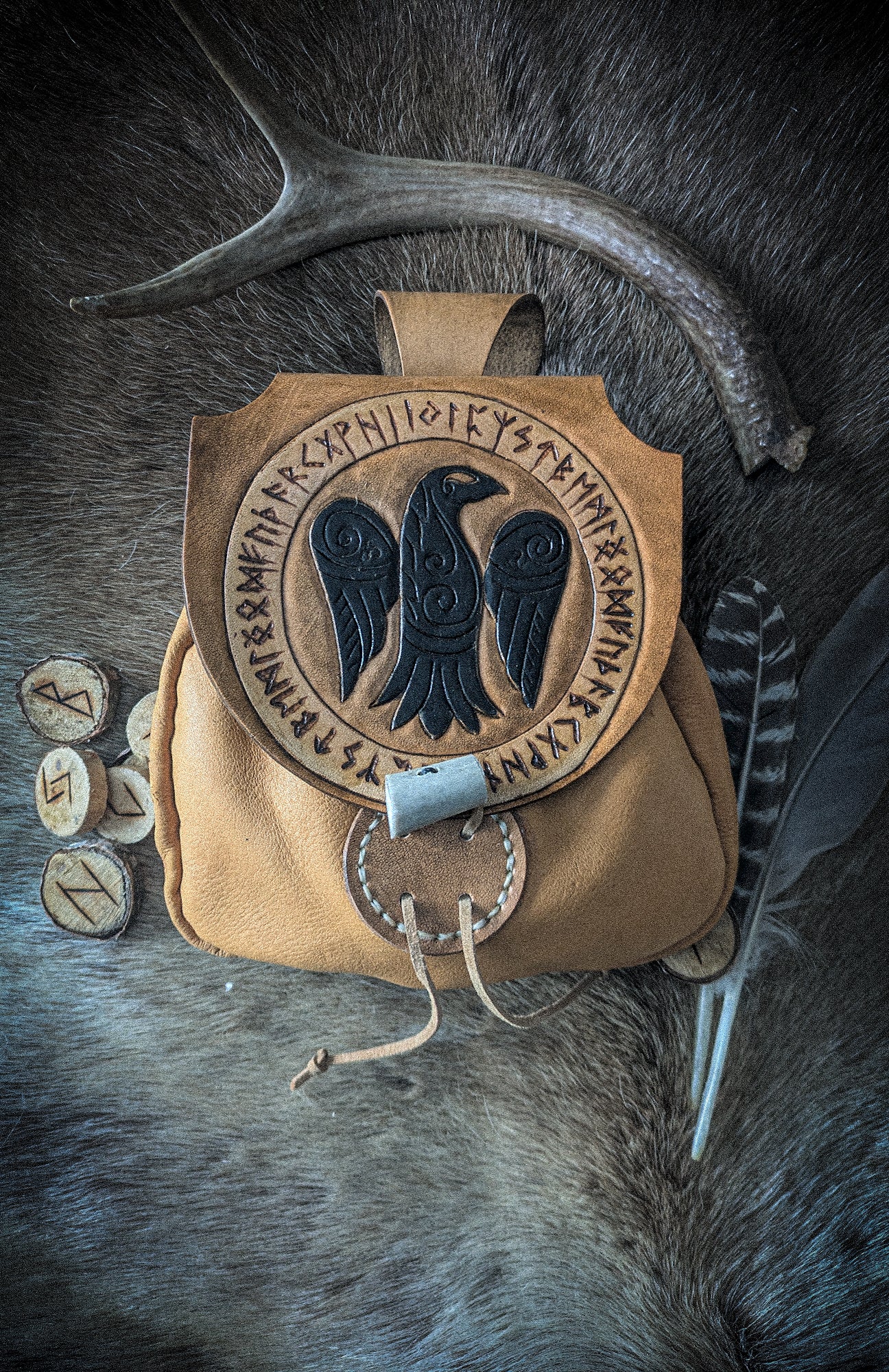 Leather Belt Bag - Raven and Runes