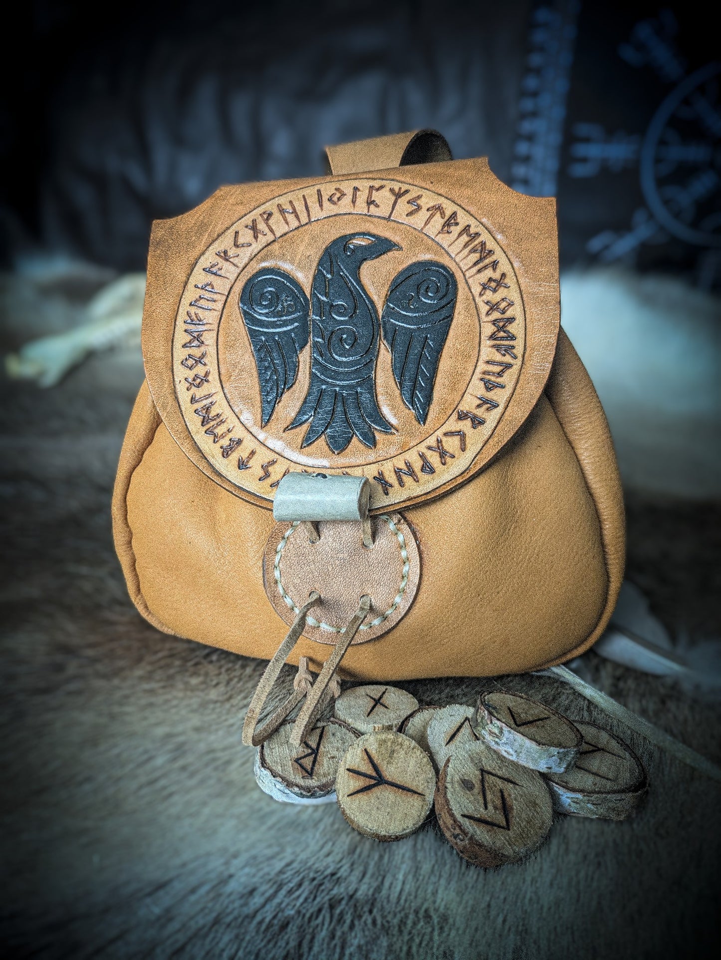Leather Belt Bag - Raven and Runes
