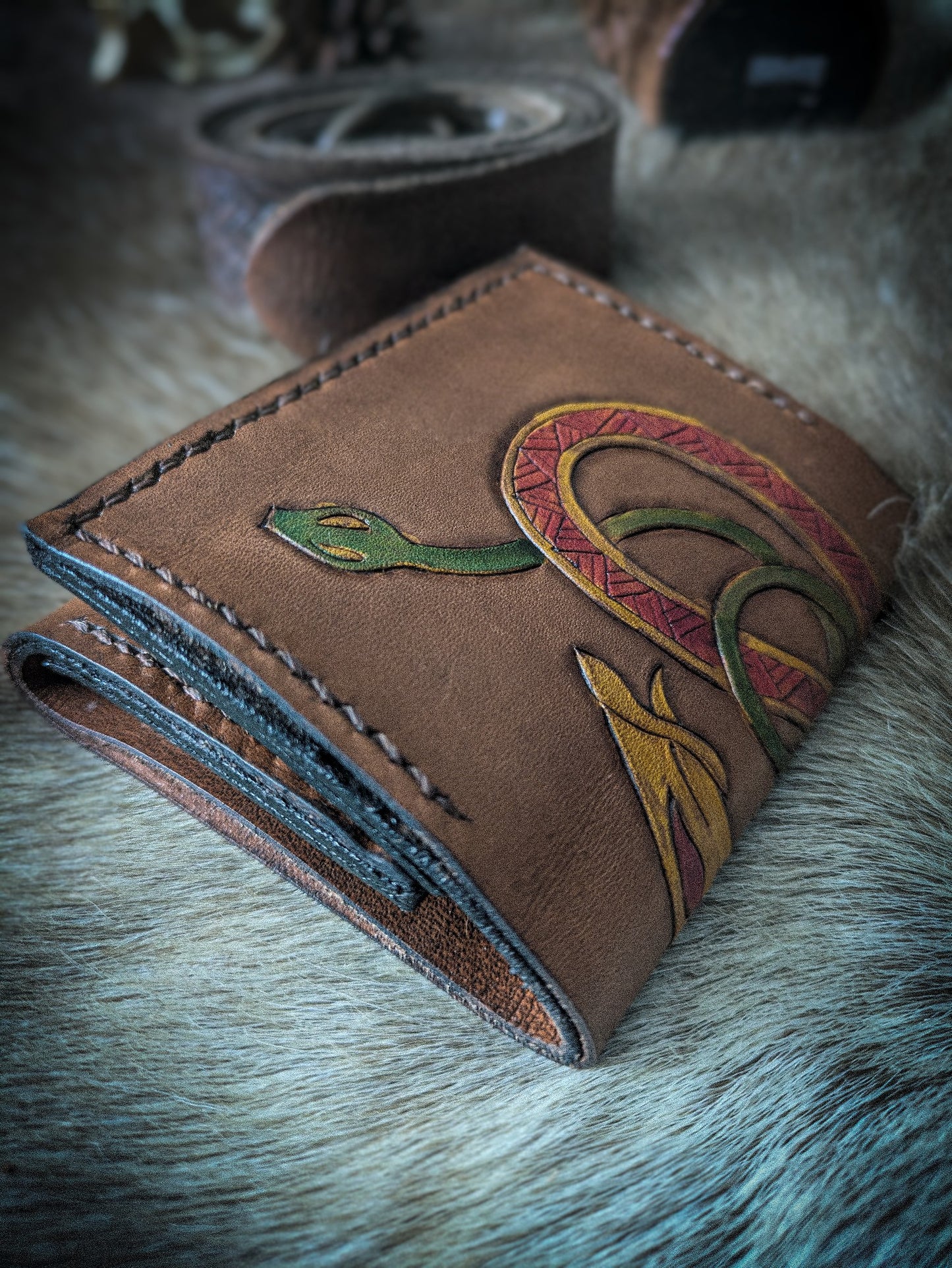 Leather Tri-fold Wallet - Norse Serpent