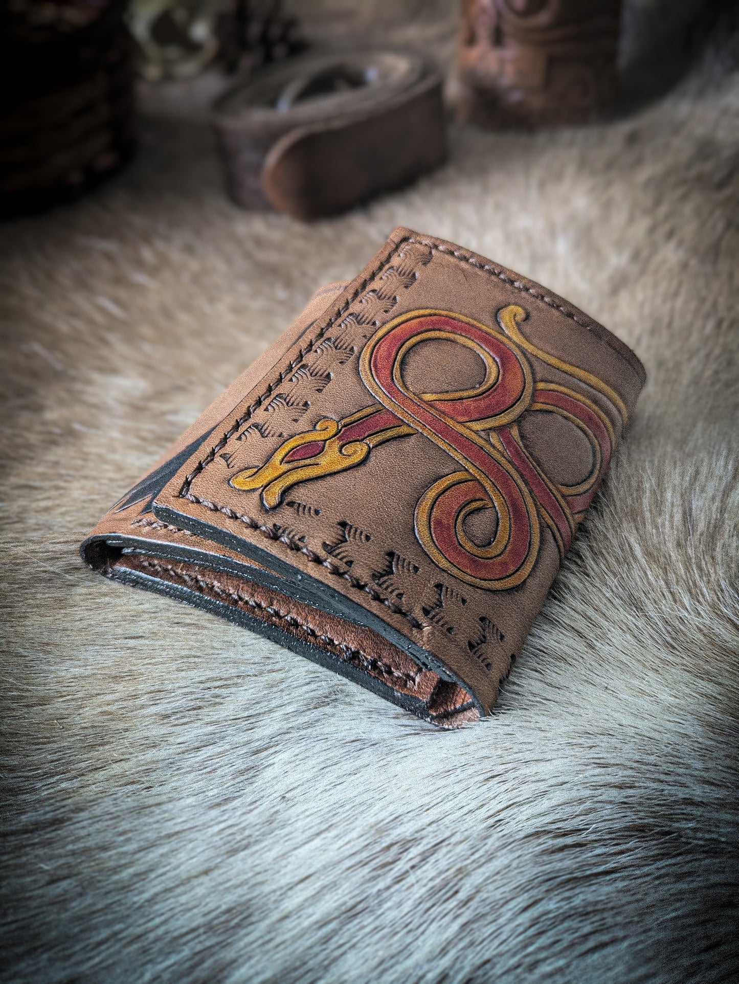 Leather Tri-fold Wallet - Raven and Snake
