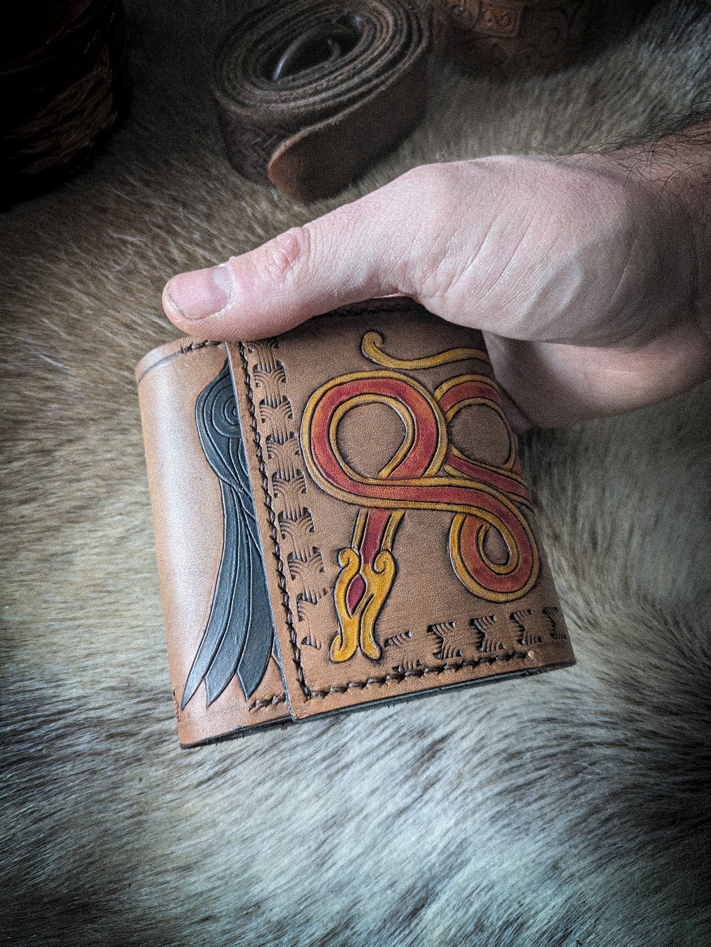 Leather Tri-fold Wallet - Raven and Snake