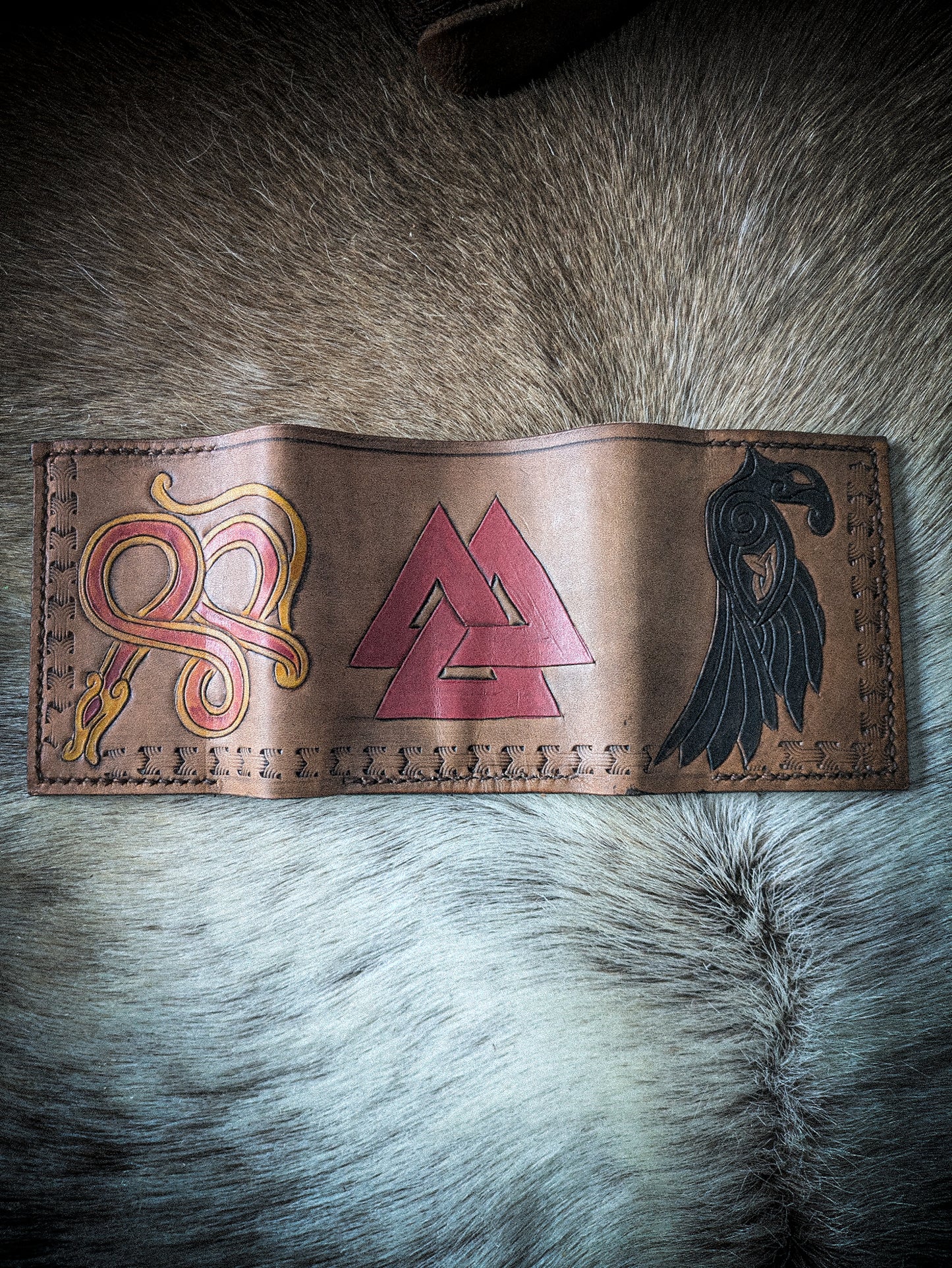 Leather Tri-fold Wallet - Raven and Snake