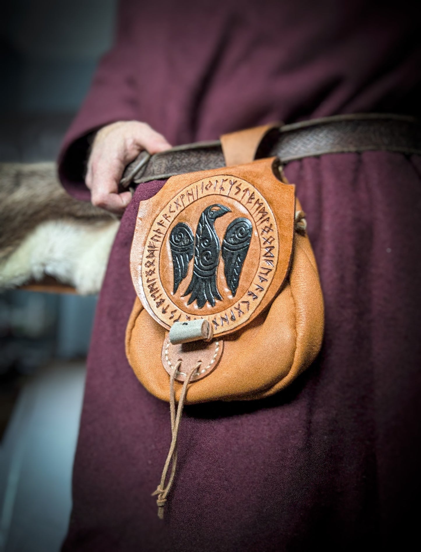 Leather Belt Bag - Raven and Runes