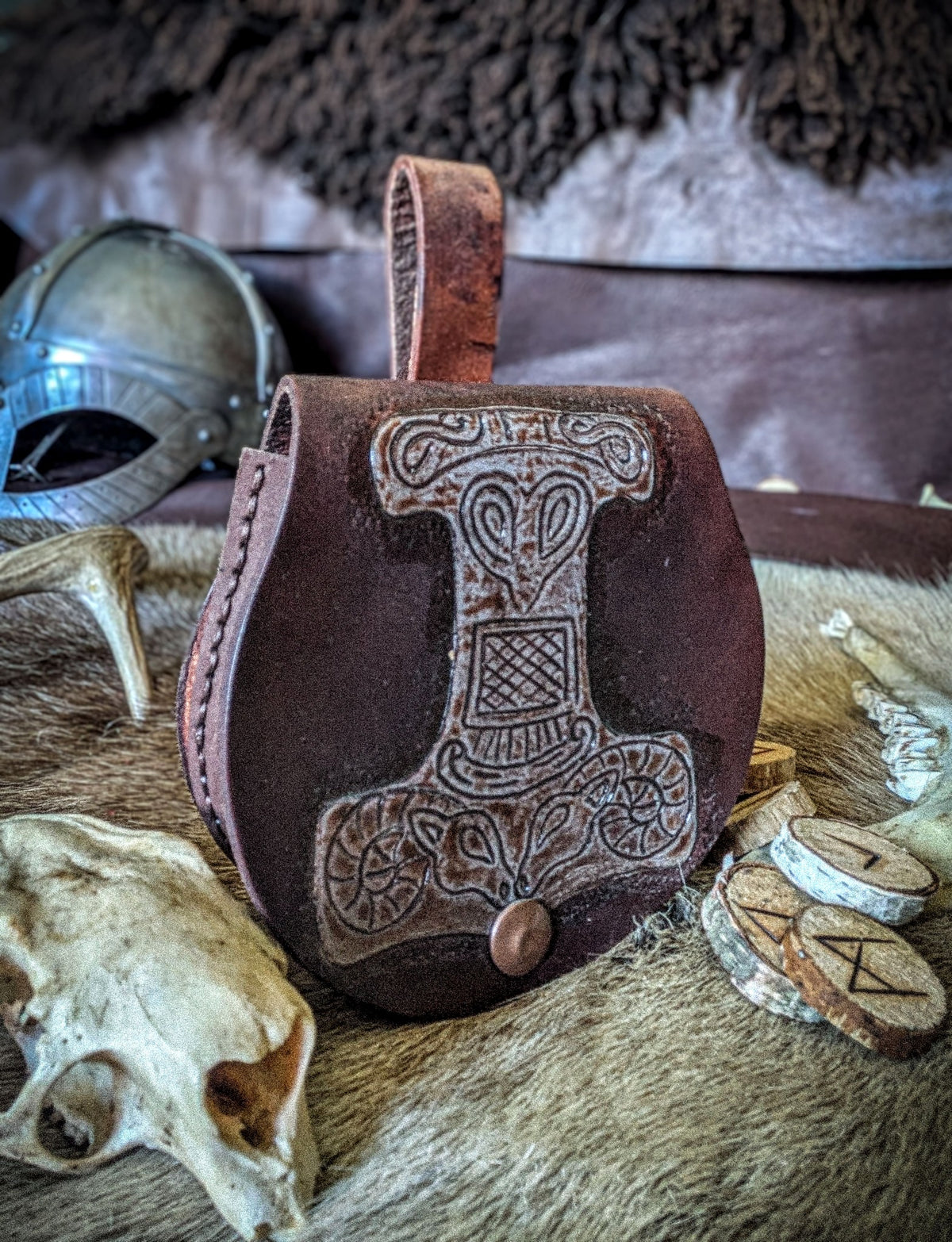 Small Leather Belt Bag - The Mjolnir - Viking Hip Purse with Thor's Hammer
