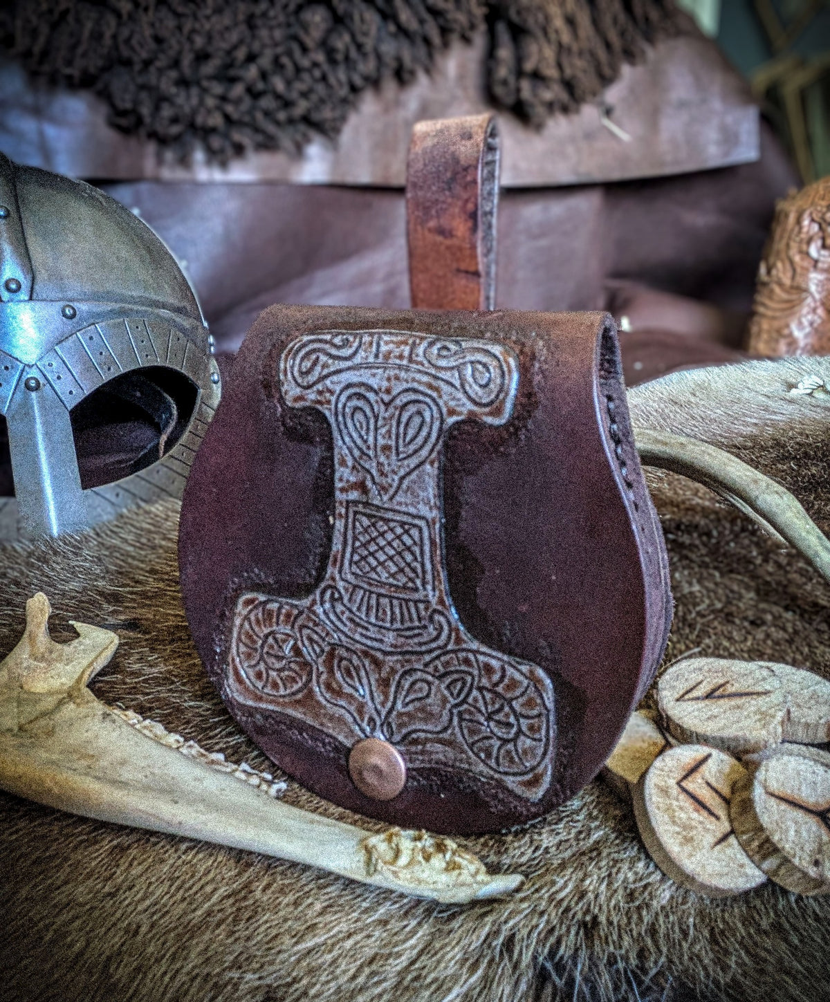 Small Leather Belt Bag - The Mjolnir - Viking Hip Purse with Thor's Hammer