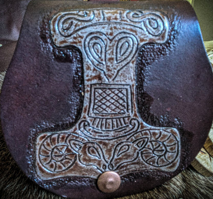 Small Leather Belt Bag - The Mjolnir - Viking Hip Purse with Thor's Hammer