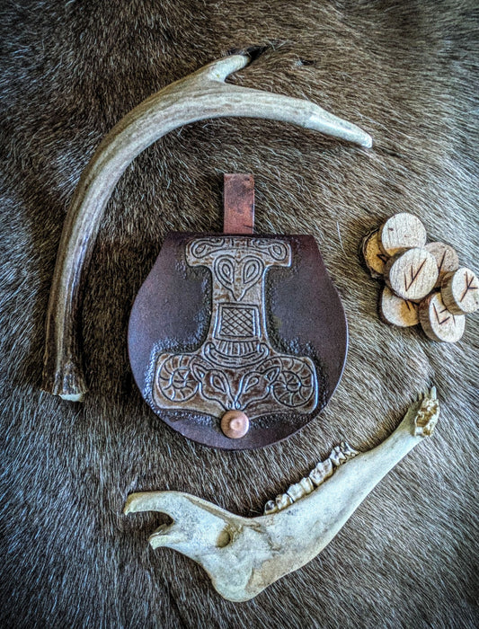 Small Leather Belt Bag - The Mjolnir - Viking Hip Purse with Thor's Hammer