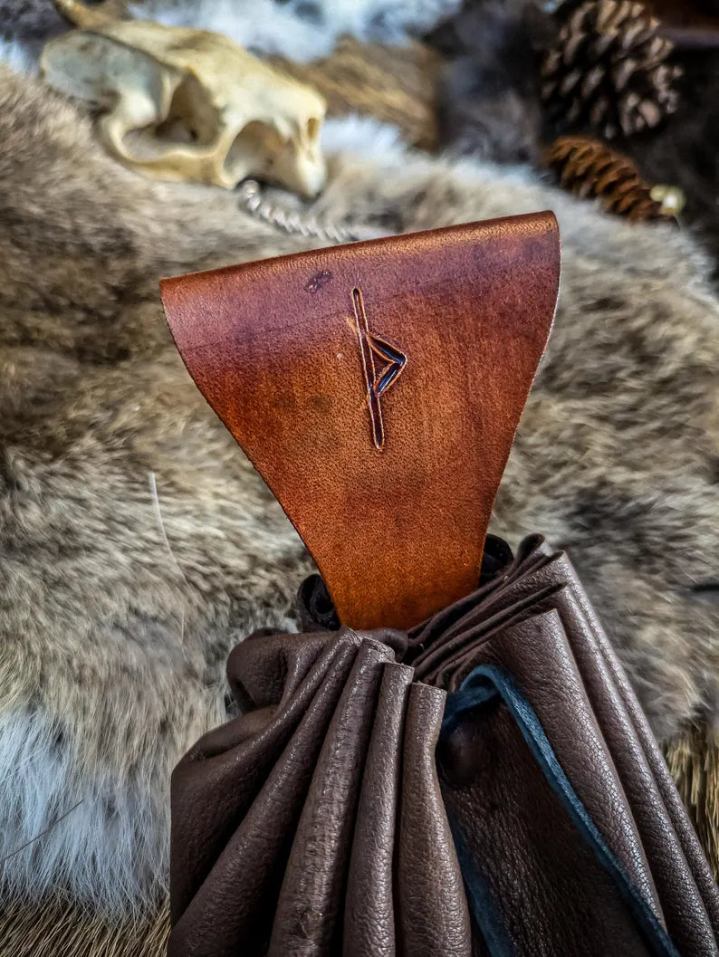 Leather Drawstring Pouch - Handmade with Rune and Belt Loop