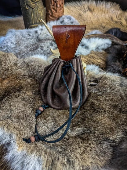 Leather Drawstring Pouch - Handmade with Rune and Belt Loop