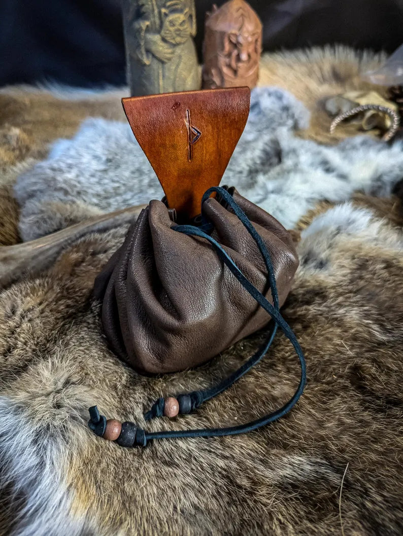 Leather Drawstring Pouch - Handmade with Rune and Belt Loop