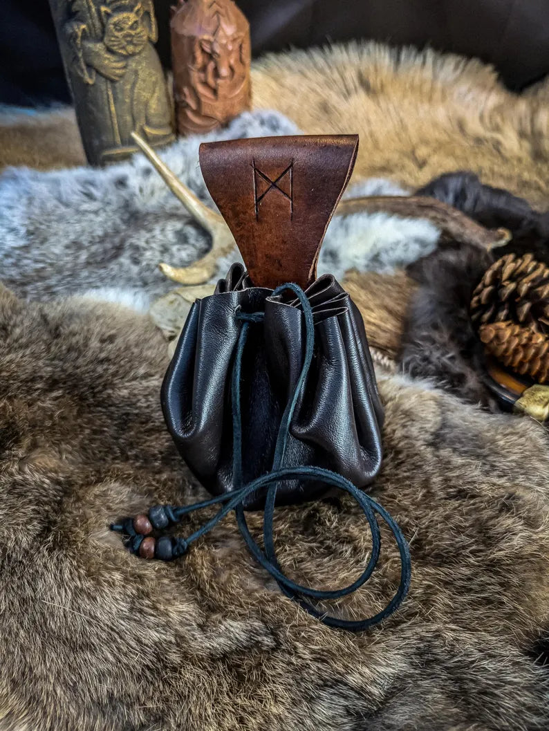 Leather Drawstring Pouch - Handmade with Rune and Belt Loop