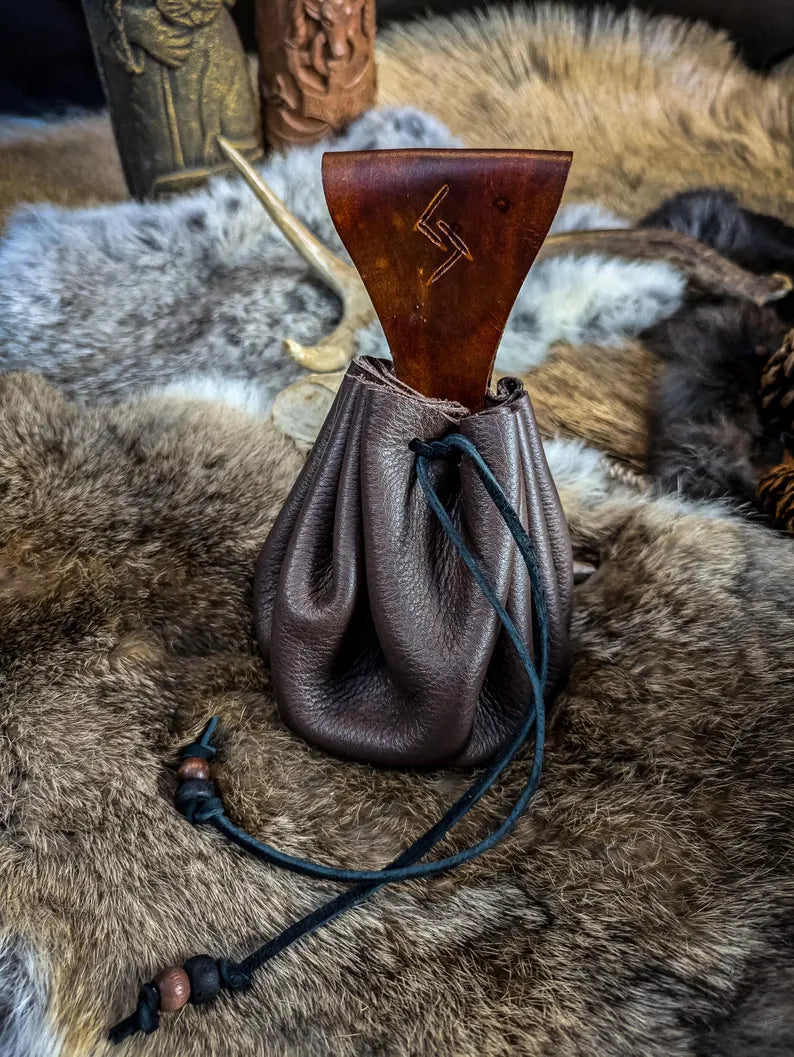 Leather Drawstring Pouch - Handmade with Rune and Belt Loop