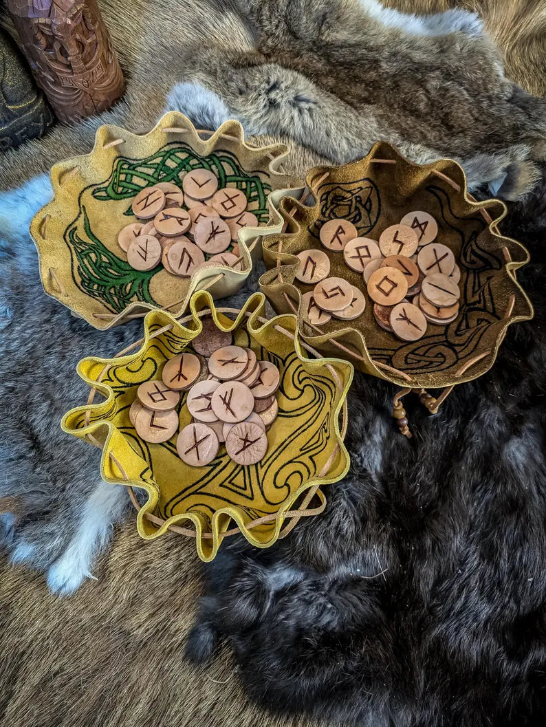 Leather Altar Covering and Rune Set - Casting Ritual Cloth and Pouch with Elder Futhark Runes