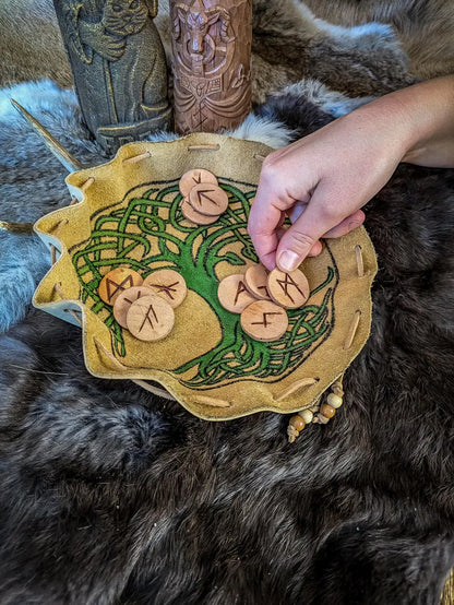 Leather Altar Covering and Rune Set - Casting Ritual Cloth and Pouch with Elder Futhark Runes