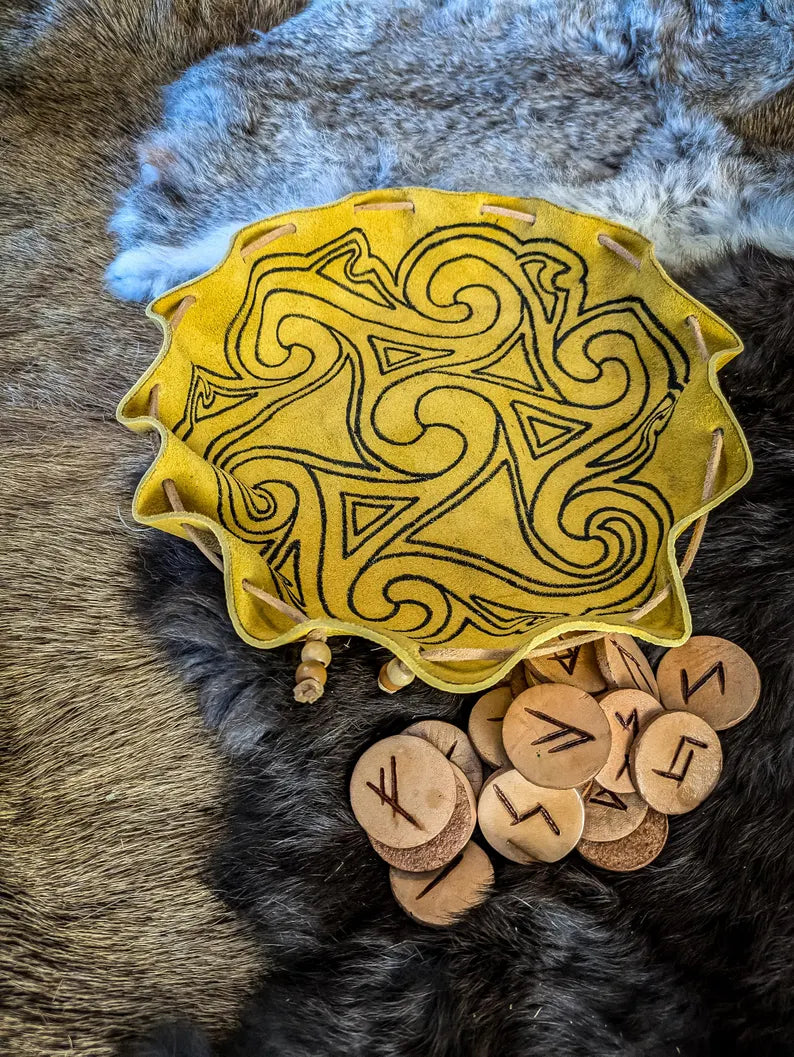 Leather Altar Covering and Rune Set - Casting Ritual Cloth and Pouch with Elder Futhark Runes