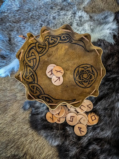 Leather Altar Covering and Rune Set - Casting Ritual Cloth and Pouch with Elder Futhark Runes