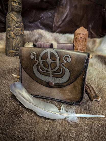 Solar Wheel and Longship - Leather Belt Bag