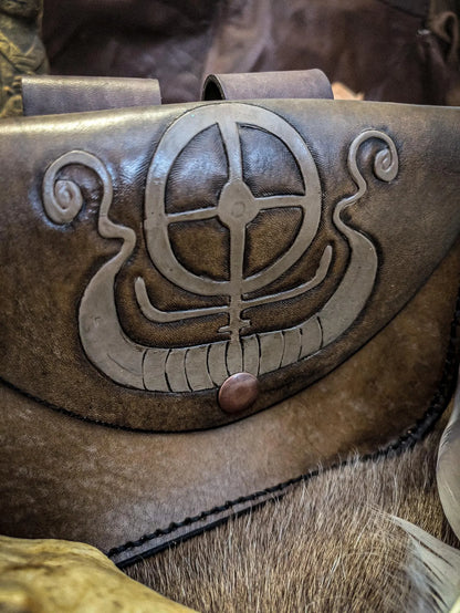 Solar Wheel and Longship - Leather Belt Bag