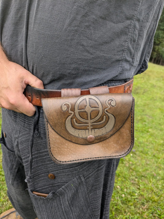 Solar Wheel and Longship - Leather Belt Bag
