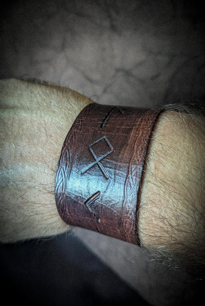 Leather Rune Bracelet - Handmade Cuff with Viking Runic Inscription