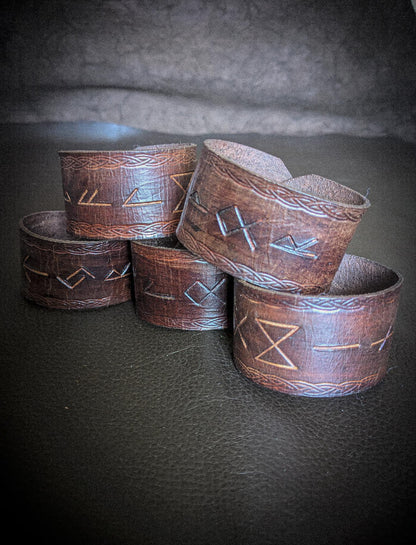 Leather Rune Bracelet - Handmade Cuff with Viking Runic Inscription