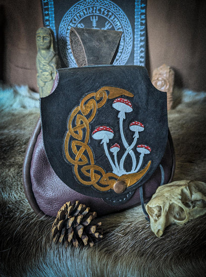 Celtic Moon and Mushroom - Leather Belt Bag